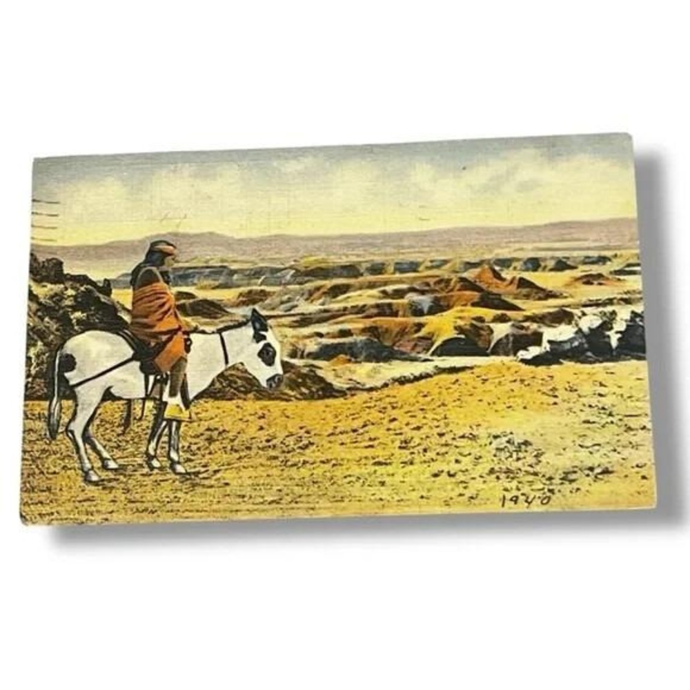 Postcard Hopi Indian and Burro at Painted Desert New Mexico c1939 Linen B270